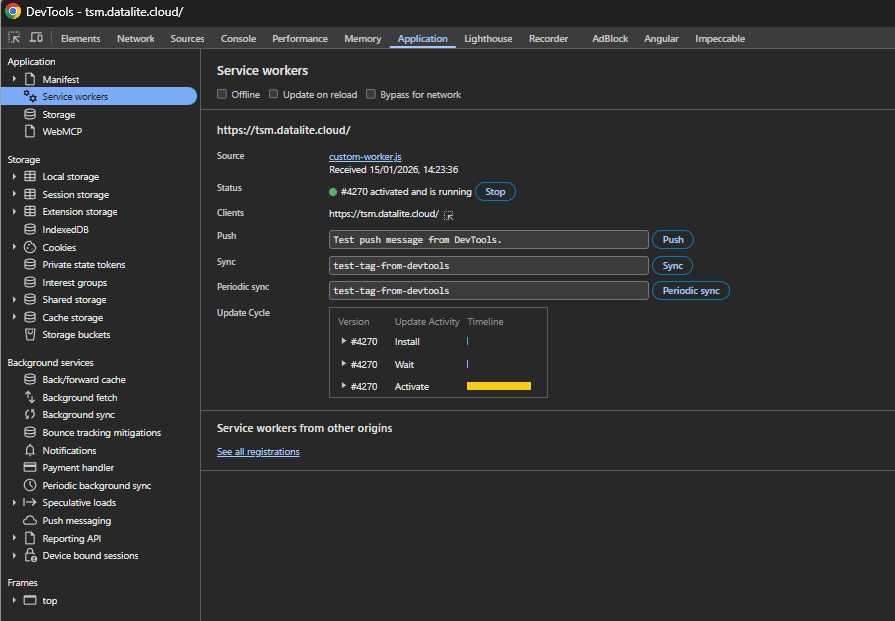 Healthy Service Worker registration in Chrome DevTools