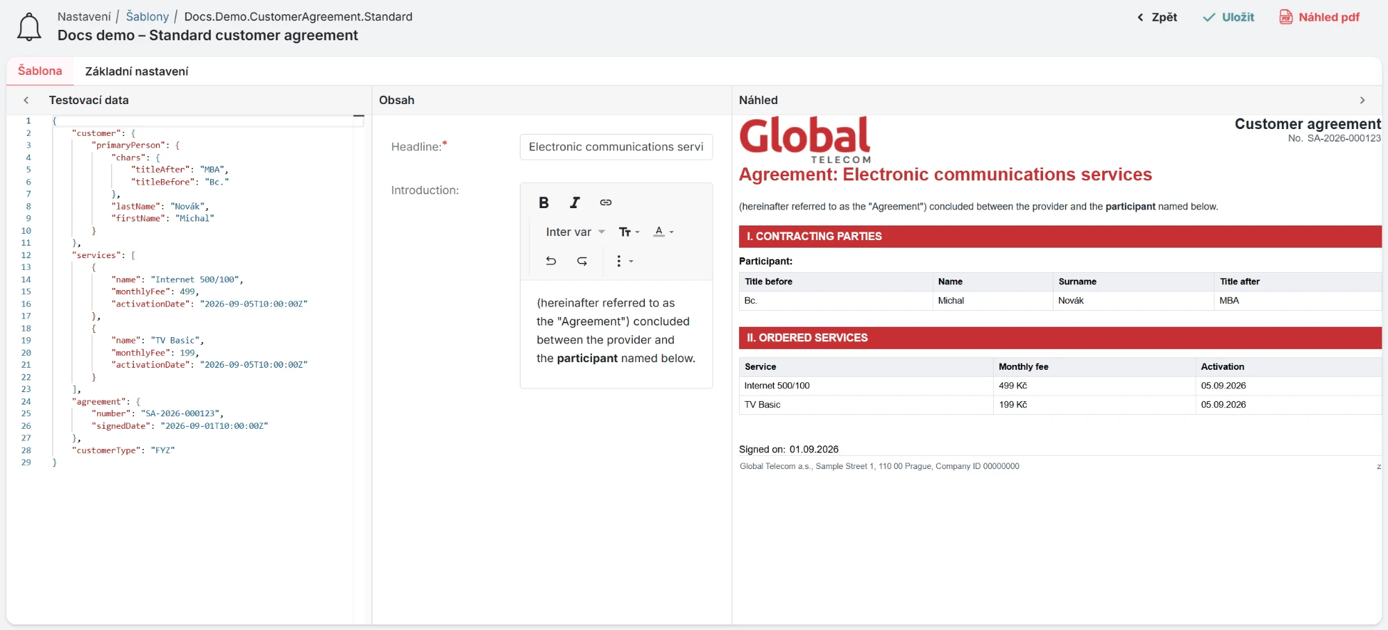 Template detail with test data on the left, the content form in the centre and the preview on the right